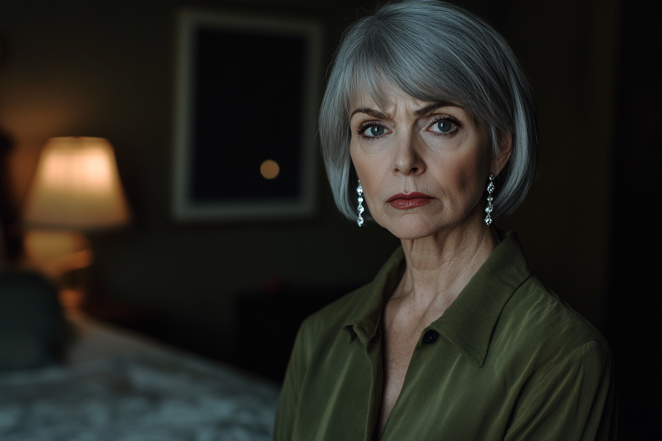 Woman in her 50s looking worried and sympathetic in a bedroom | Source: No source