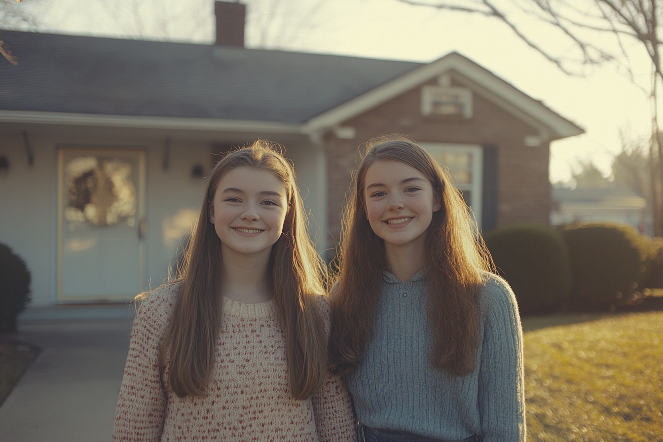 Two sisters standing outside their house | Source: No source