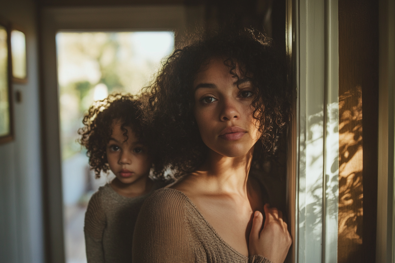 A woman leaning against a wall while her daughter stands on something behind her | Source: No source