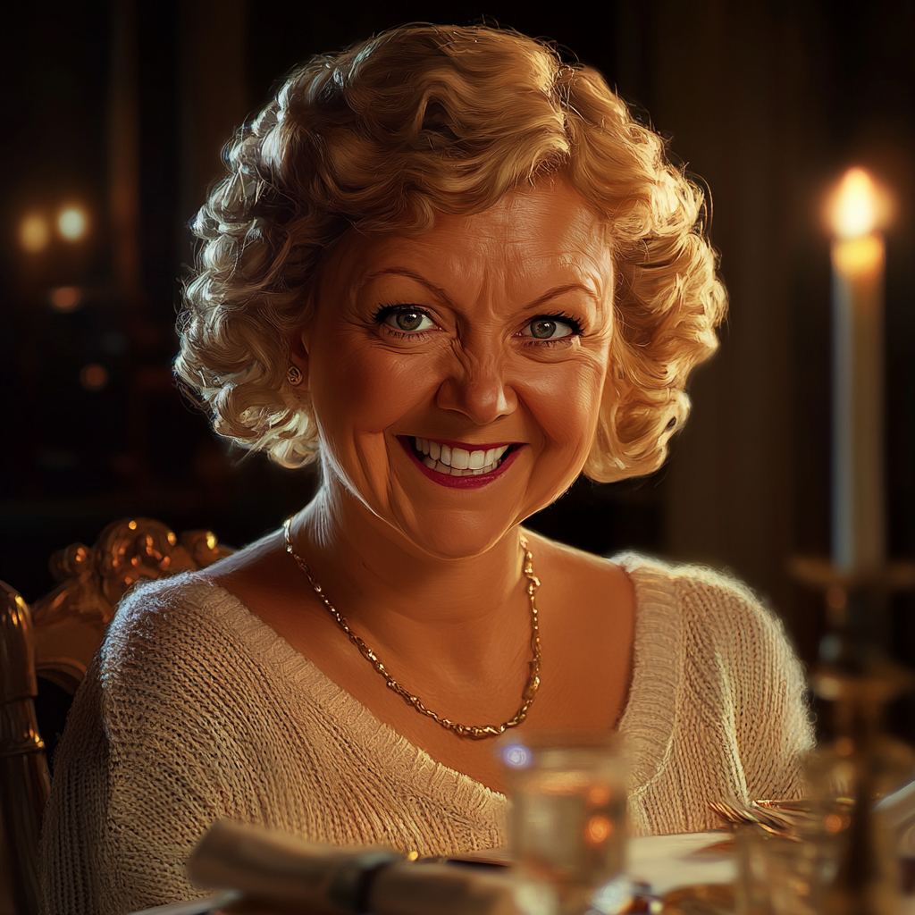 A smiling older woman seated in a dining room | Source: No source