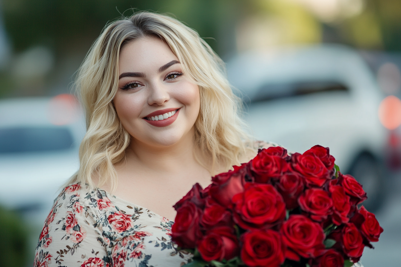 A woman holding a bouquet smiling at someone | Source: no source