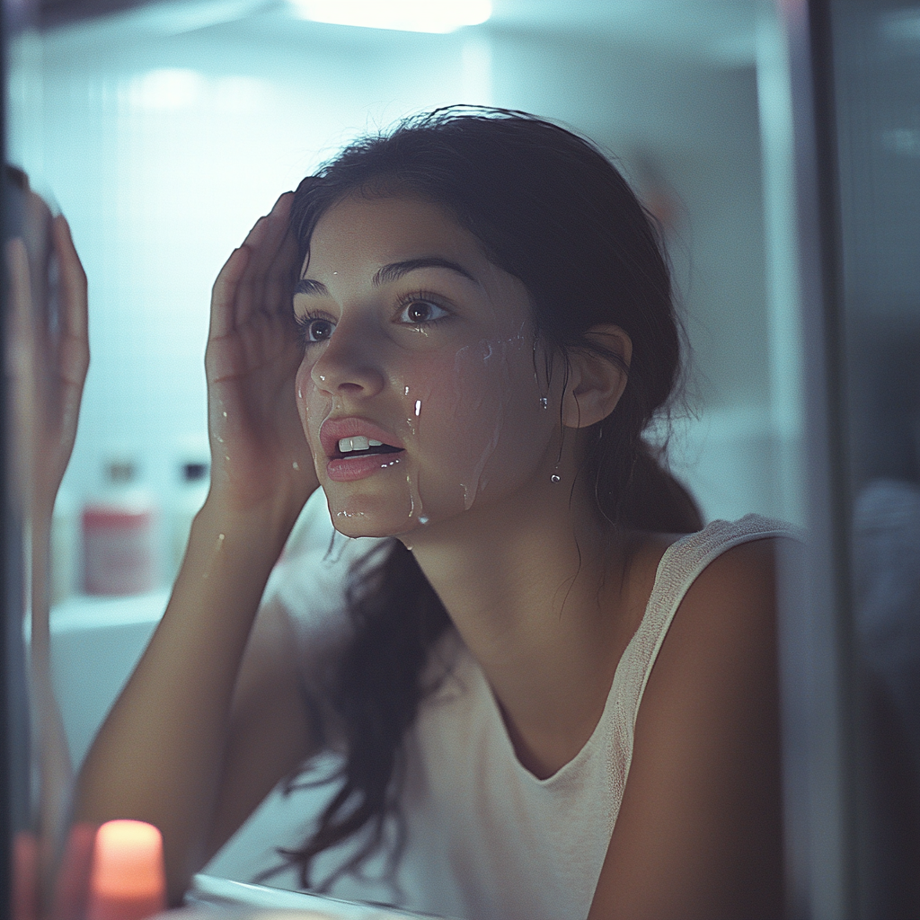 An upset woman in the bathroom | Source: no source