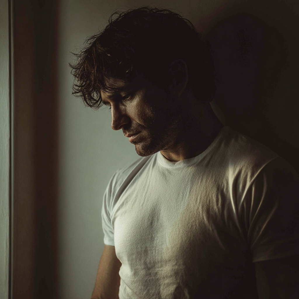 An upset man standing in a hallway wearing a white t-shirt | Source: no source