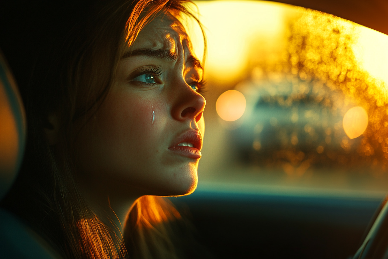 A teary-eyed woman in a car | Source: No source
