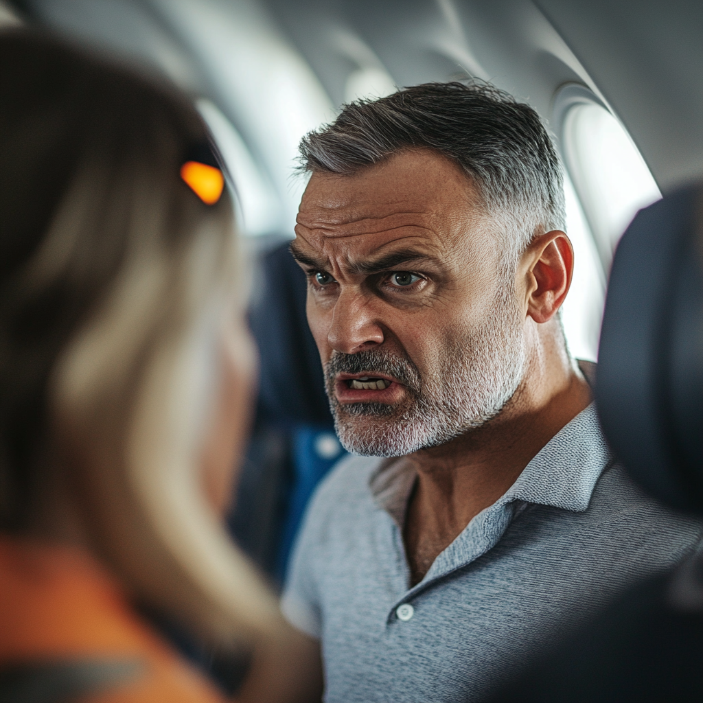 An angry middle-aged man talking to a flight attendant on a plane | Source: no source