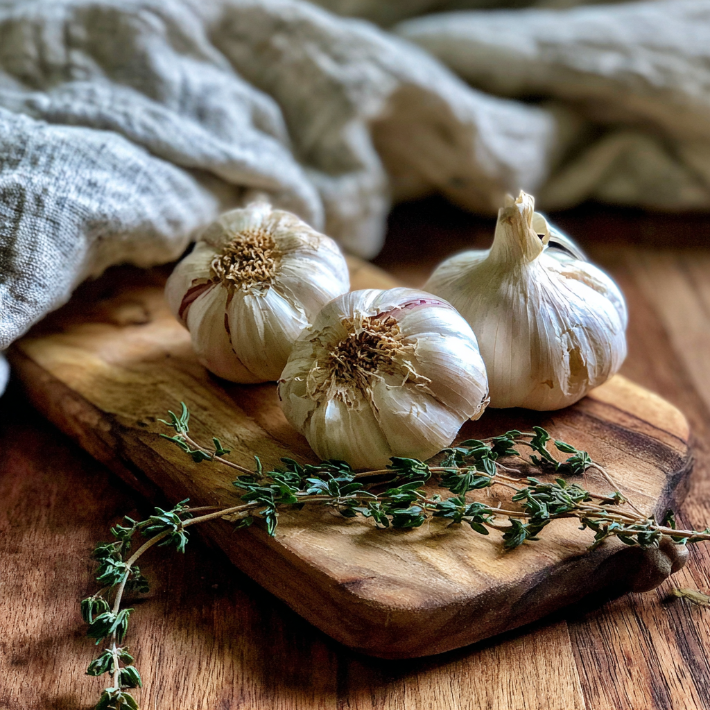 Garlic and thyme on a wooden board | Source: no source