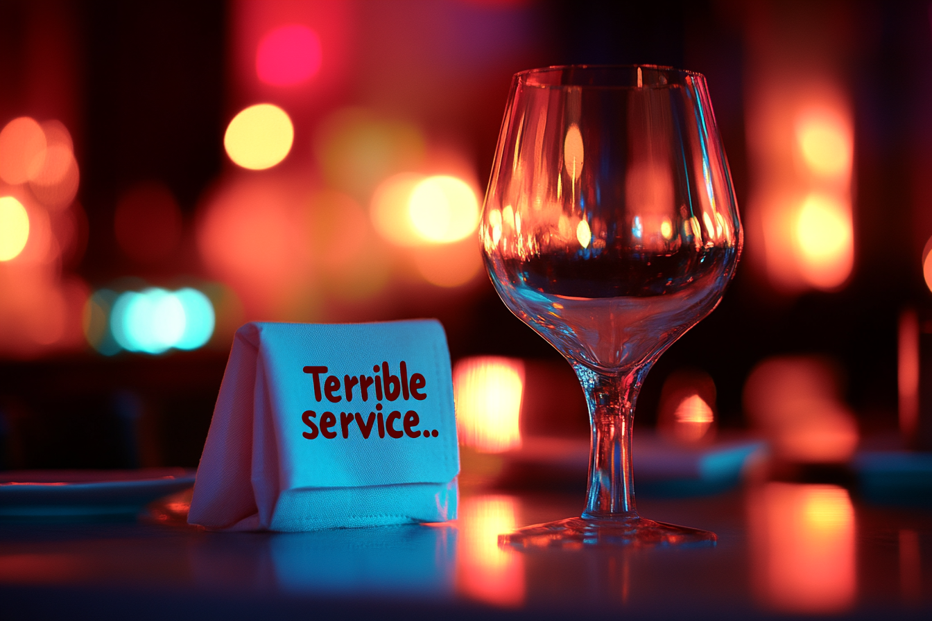 Napkin on a restaurant table that says "terrible service" | Source: No source
