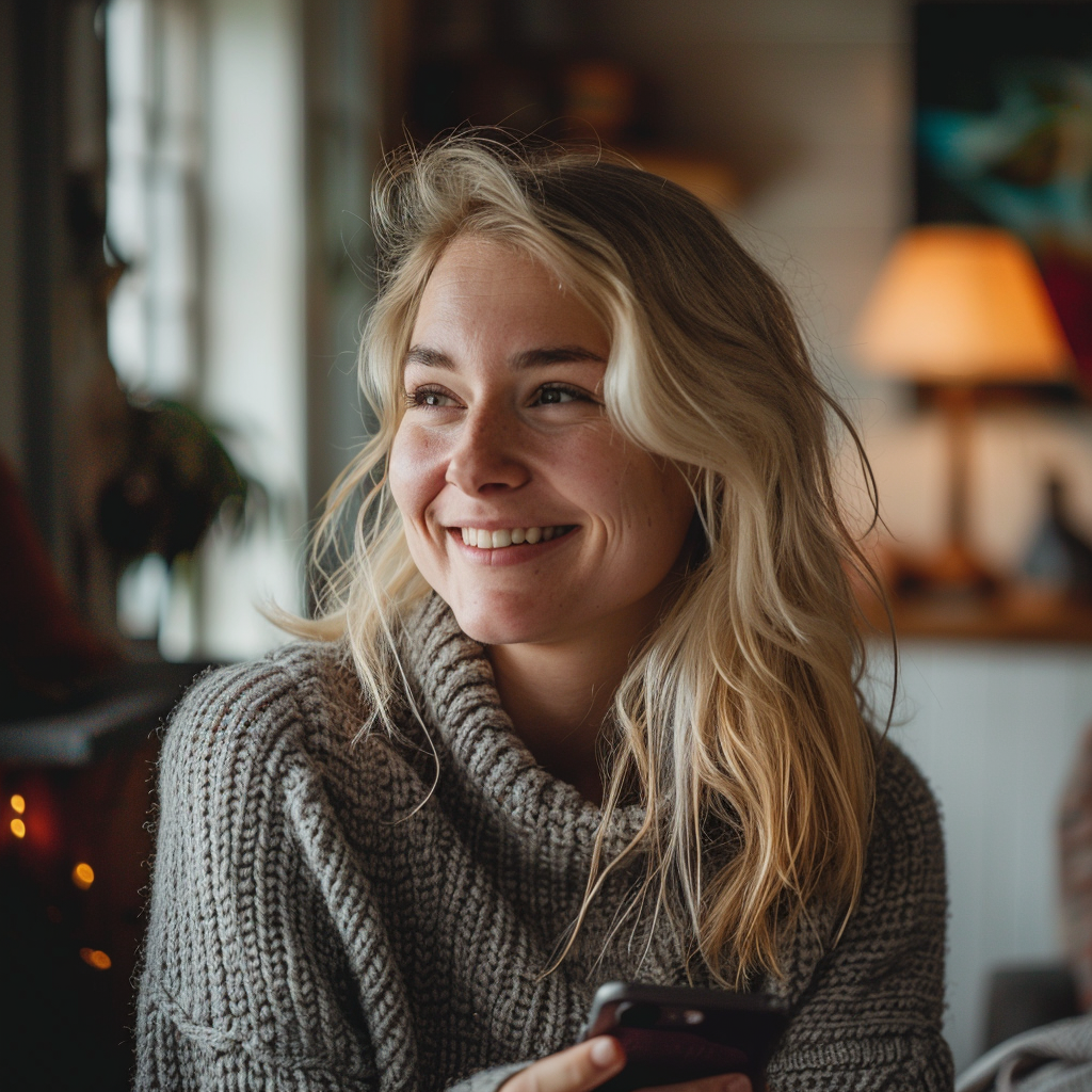 A young woman smiling while holding her phone | Source: No source