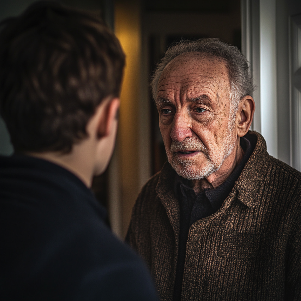 Embarrassed senior man confronted by a young man. | Source: no source