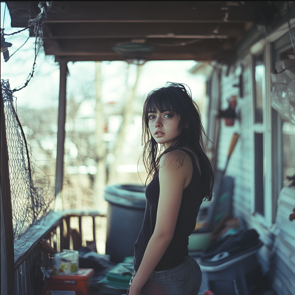A confused woman on a cluttered porch | Source: No source