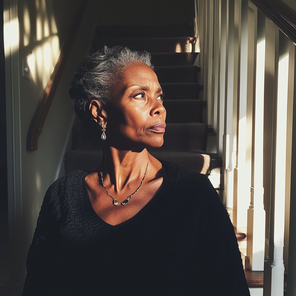 A woman standing at the bottom of the stairs | Source: no source