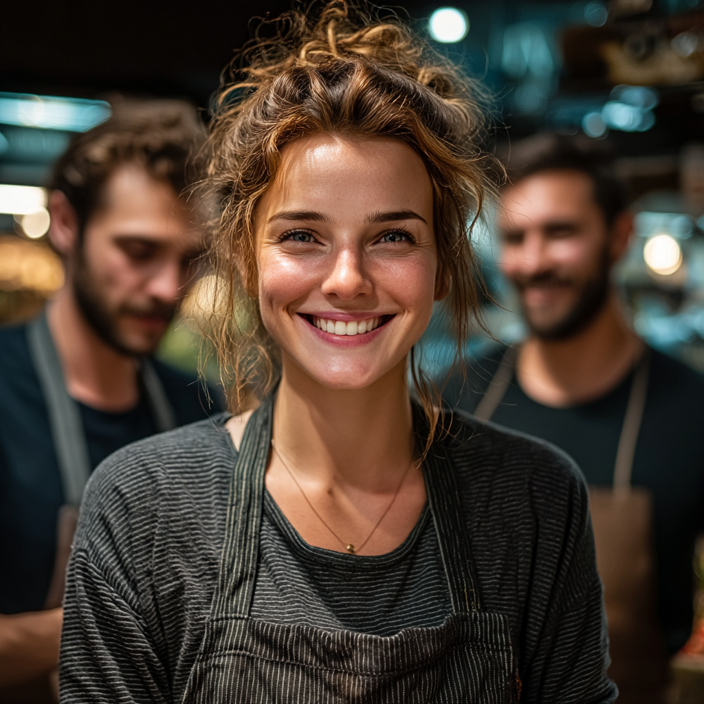 A happy cashier with her co-workers | Source: no source