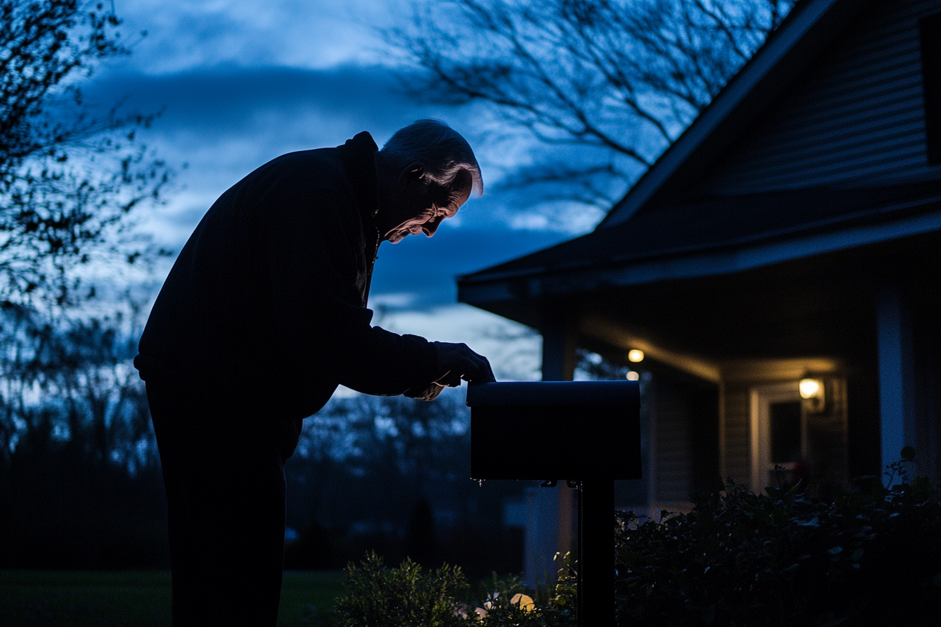 Night shot of an older man opening a mailbox outside a house | Source: no source