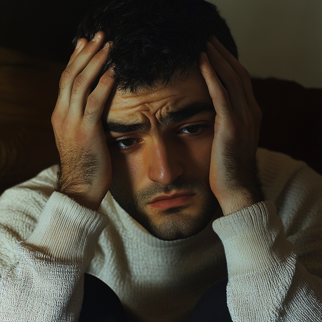 A man sitting with his head in his hands, worried about his image | Source: no source