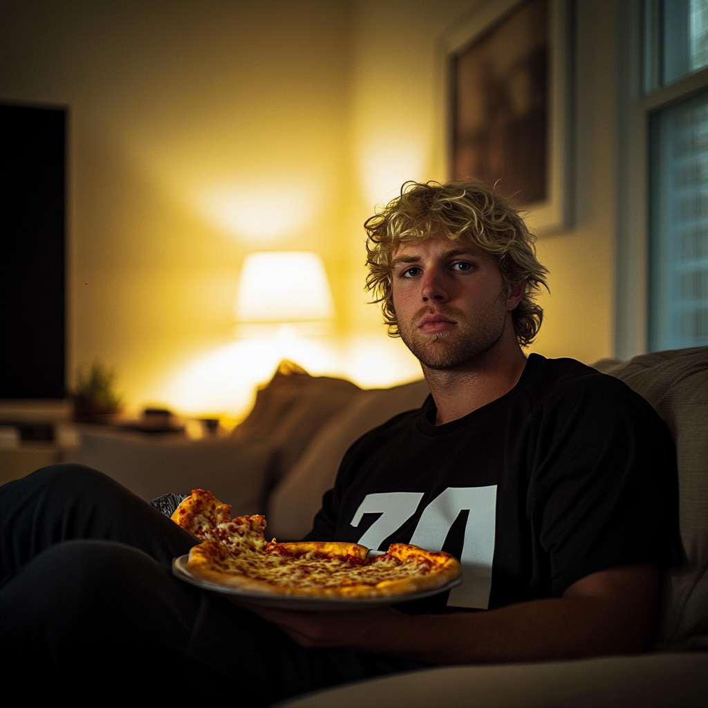 A man holding a plate of pizza | Source: No source