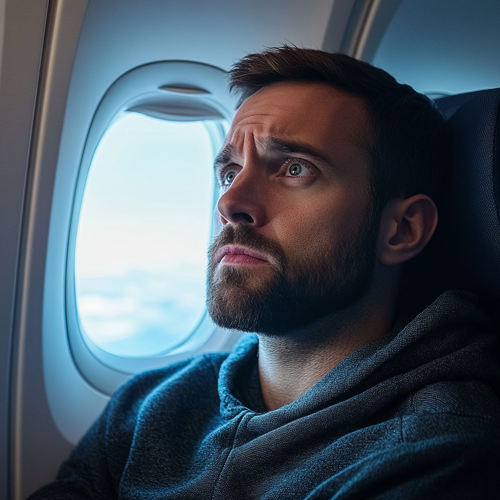 A tense man on a plane | Source: no source