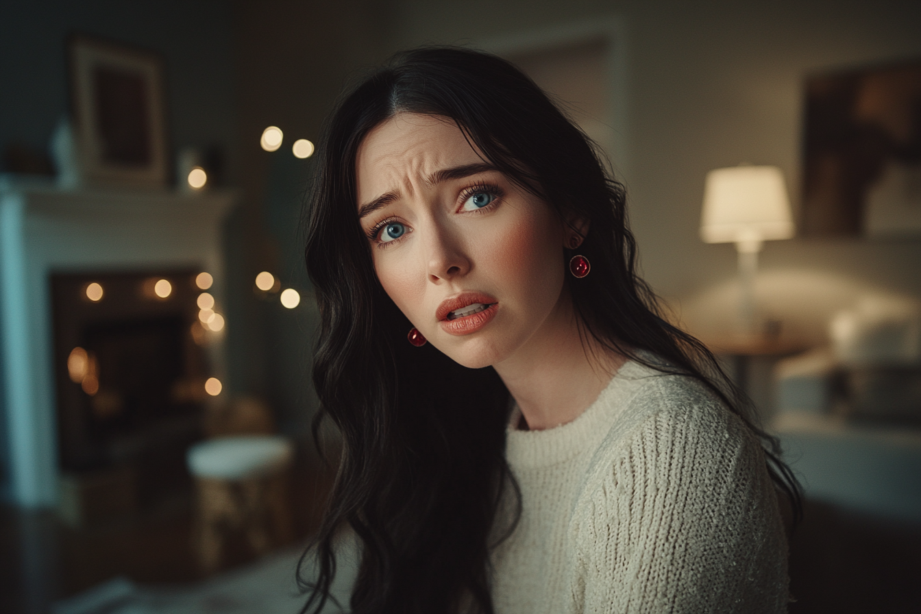 Confused, upset, and sad woman in her 20s standing in living room | Source: No source