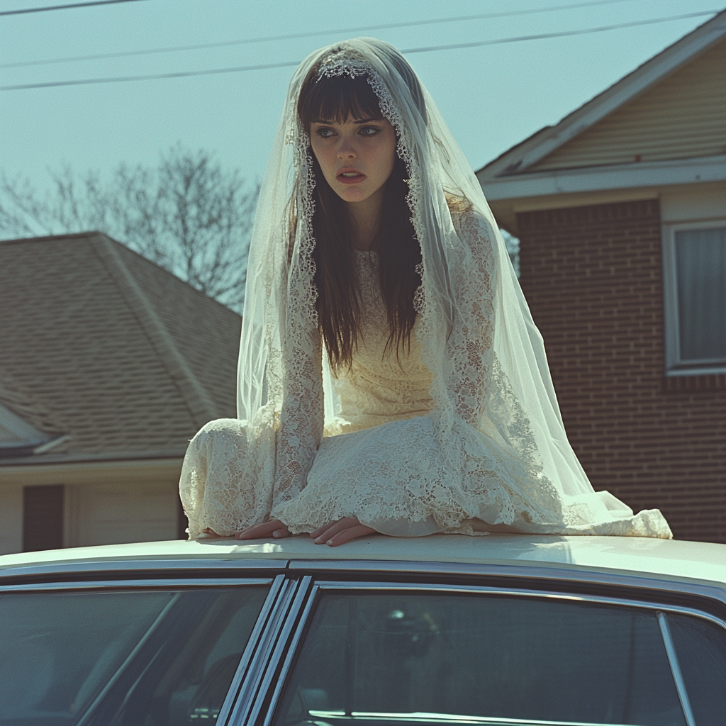A confused woman in a wedding dress on top of a car | Source: No source