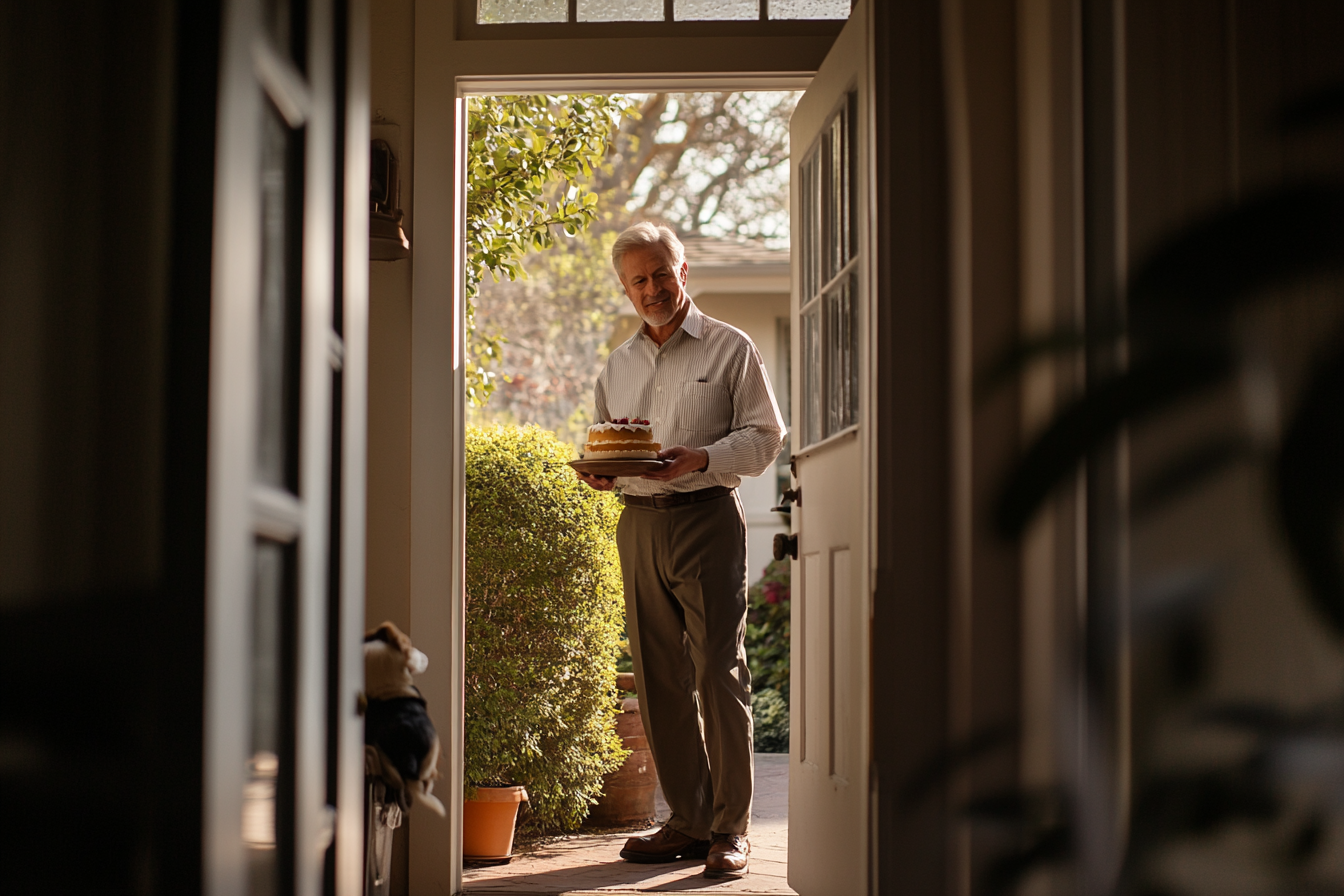 Man in his 50s standing in a doorway holding a birthday cake | Source: No source