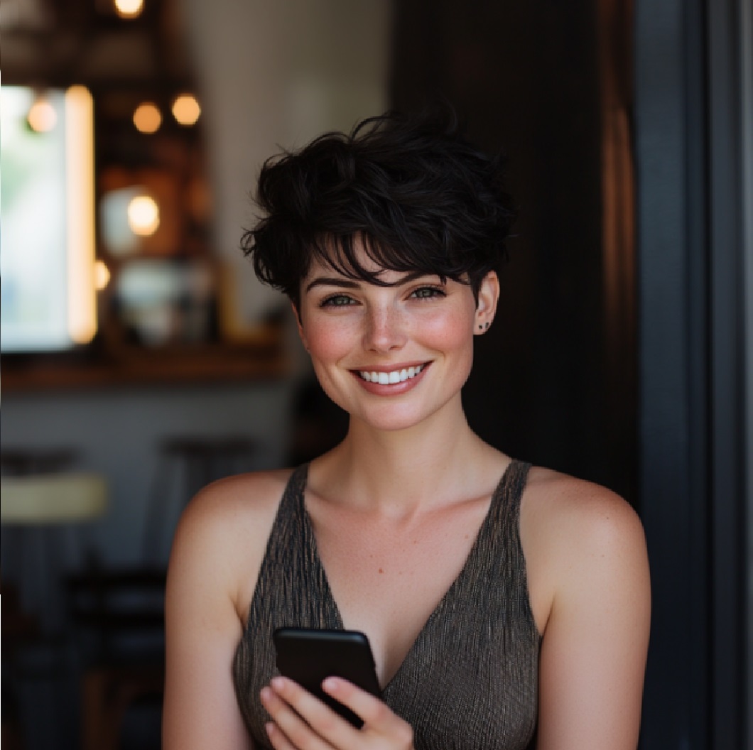 A woman smiling as she holds her phone | Source: no source