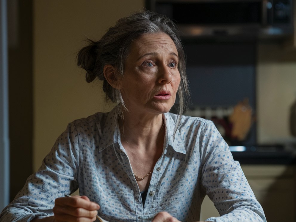 A woman holding a conversation over a meal in a kitchen | Source: no source