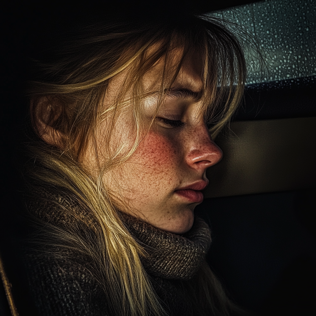 A young woman in pain in the backseat of the car | Source: No source