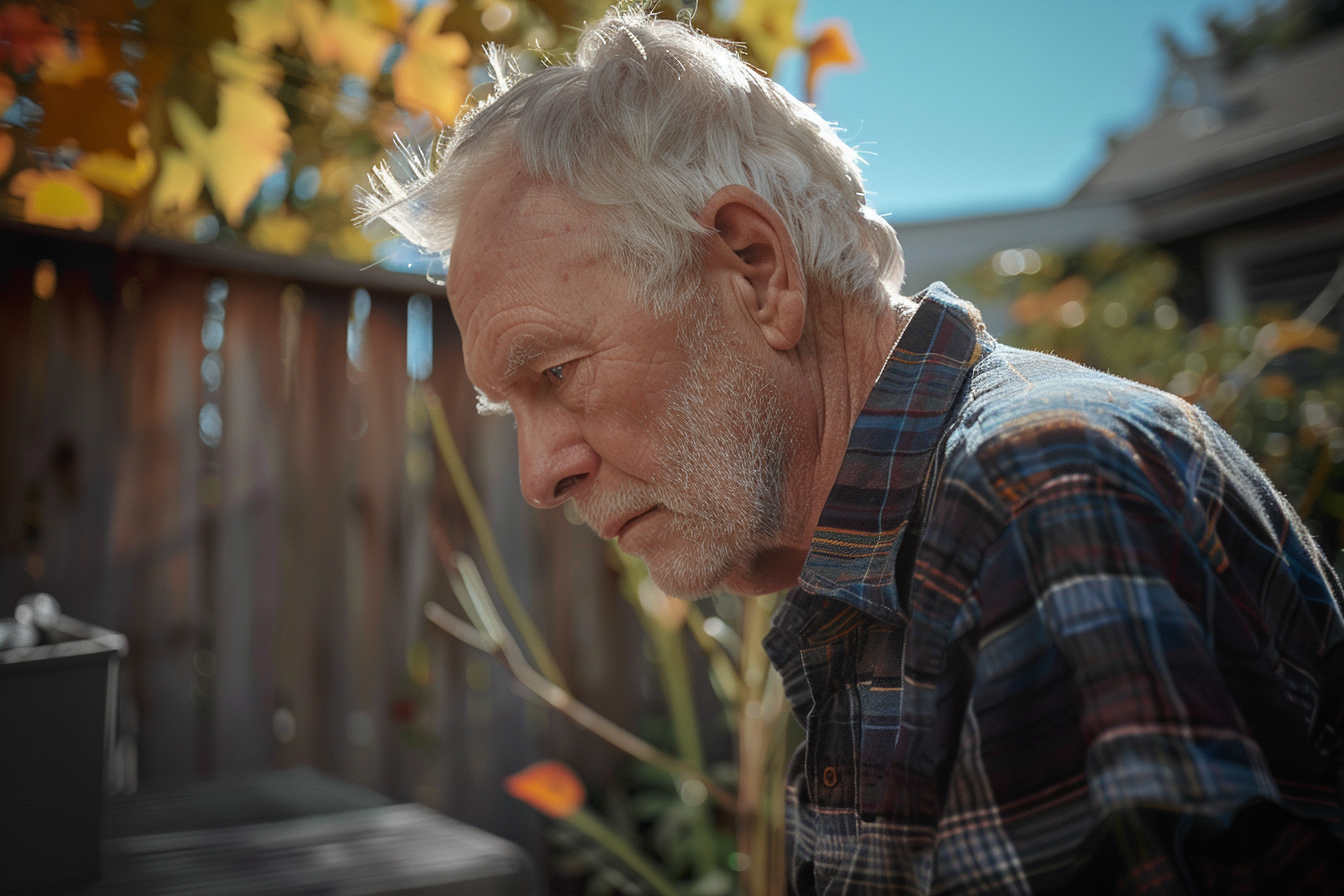 A man in a garden staring sadly at the plants | Source: No source