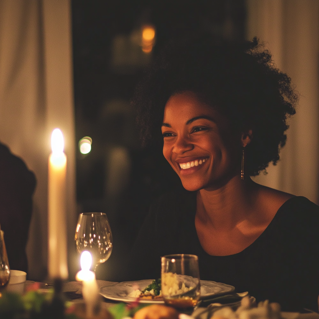 A smiling woman at a dinner table | Source: no source