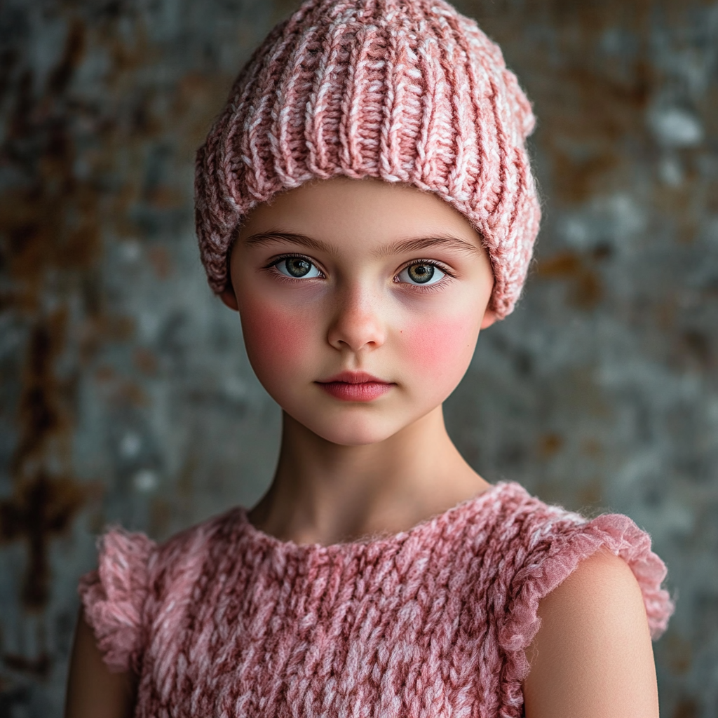 Little girl wearing a pink outfit and a knitted hat | Source: no source