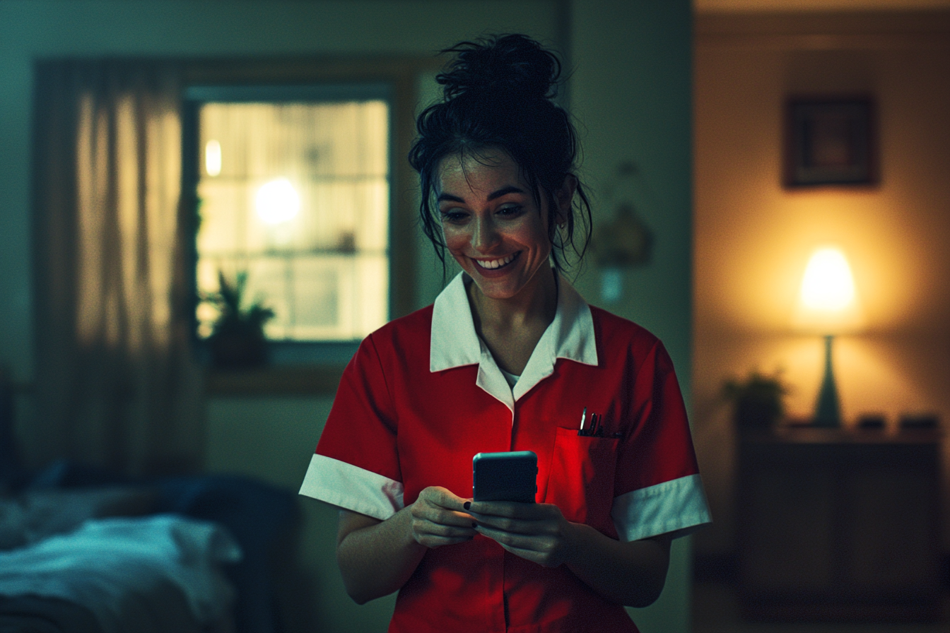 Woman in uniform smiling while using a phone inside a bedroom | Source: No source