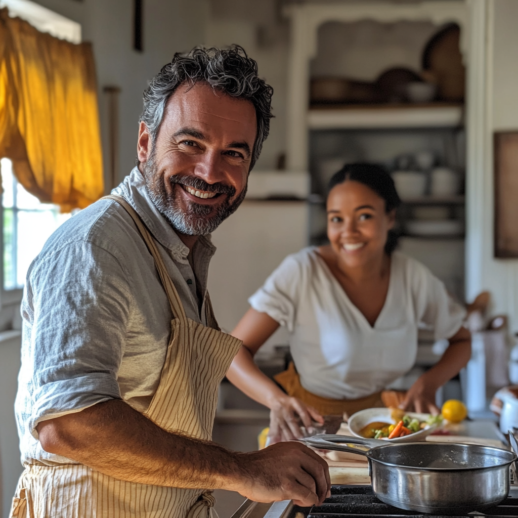 A man receiving cooking lessons from his children's nanny | Source: no source
