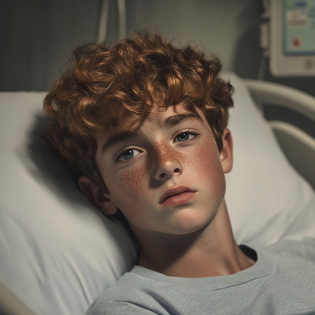 A sad boy lying in a hospital bed | Source: no source