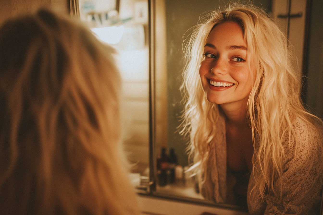 A woman smiling into a mirror | Source: no source