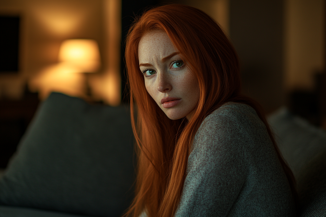 Woman sitting on a couch, looking worried | Source: no source
