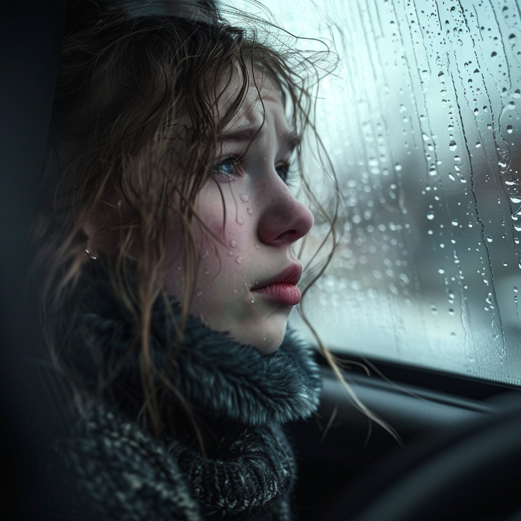 A sad girl looking out the car window | Source: No source