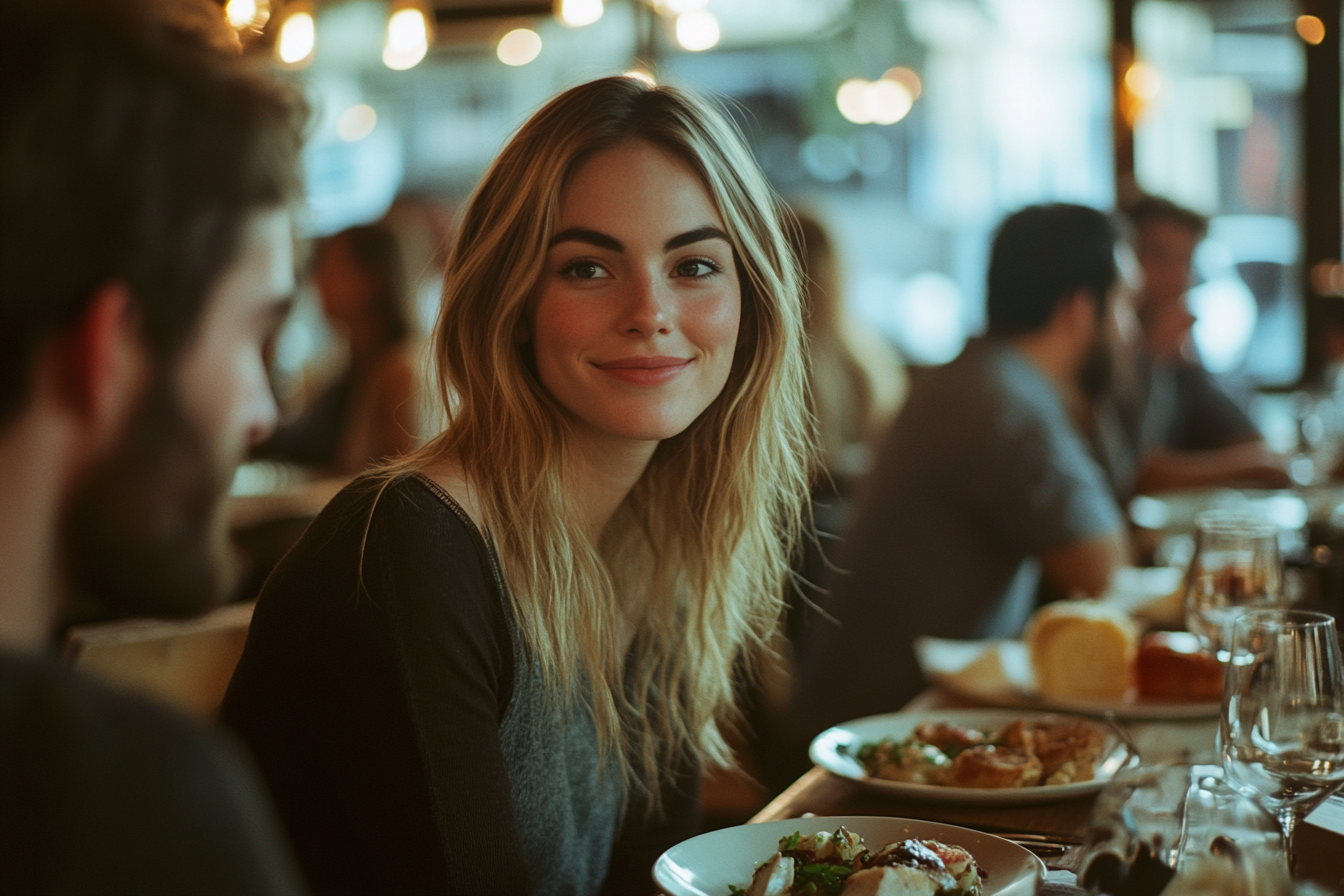 A woman slightly smiling while seated at a dinner table | Source: no source