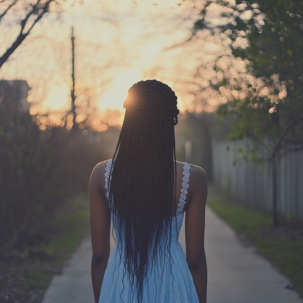 A woman walking down a street | Source: No source