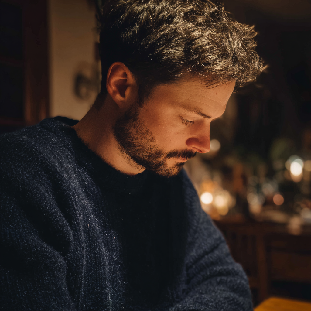 A man looking down at his lap | Source: No Source