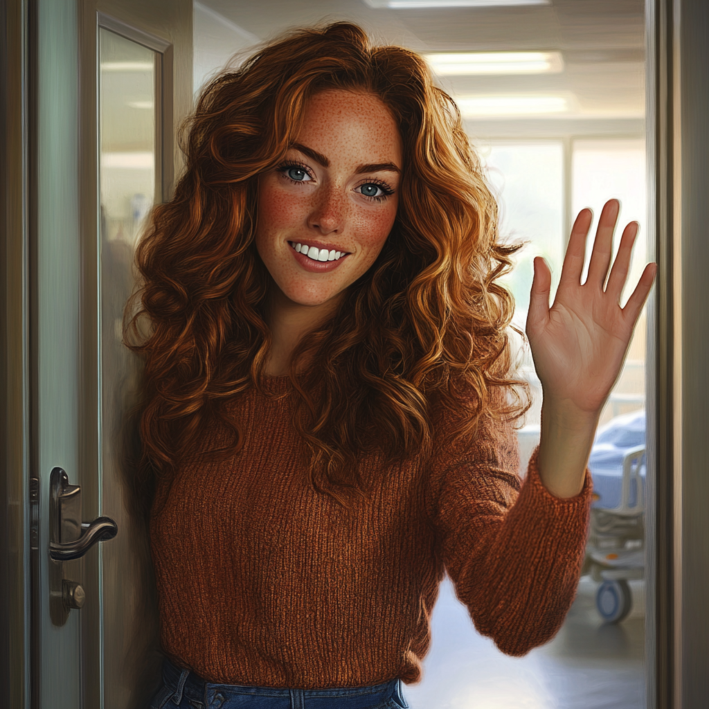 A woman standing at a hospital ward doorway and waving her hand | Source: No source