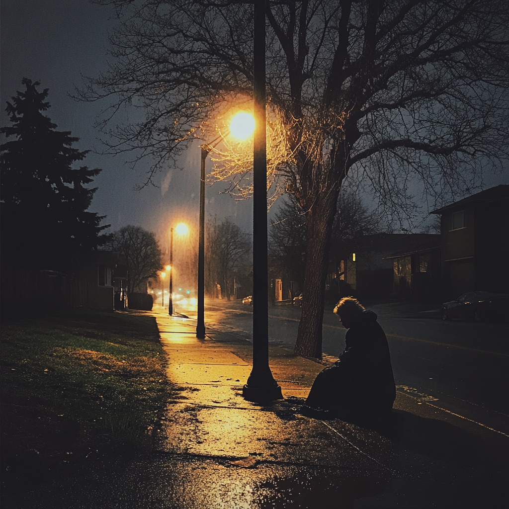 A person sitting on a walkway in the rain | Source: no source