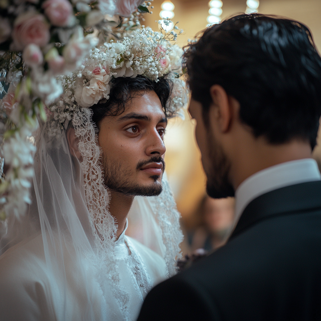 Man dressed as the bride standing next to the groom | Source: No source