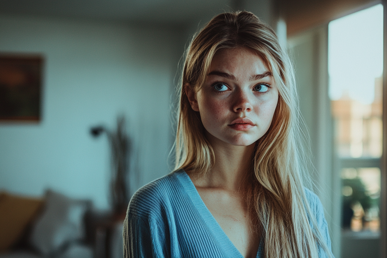 A woman in a living room appearing upset | Source: no source