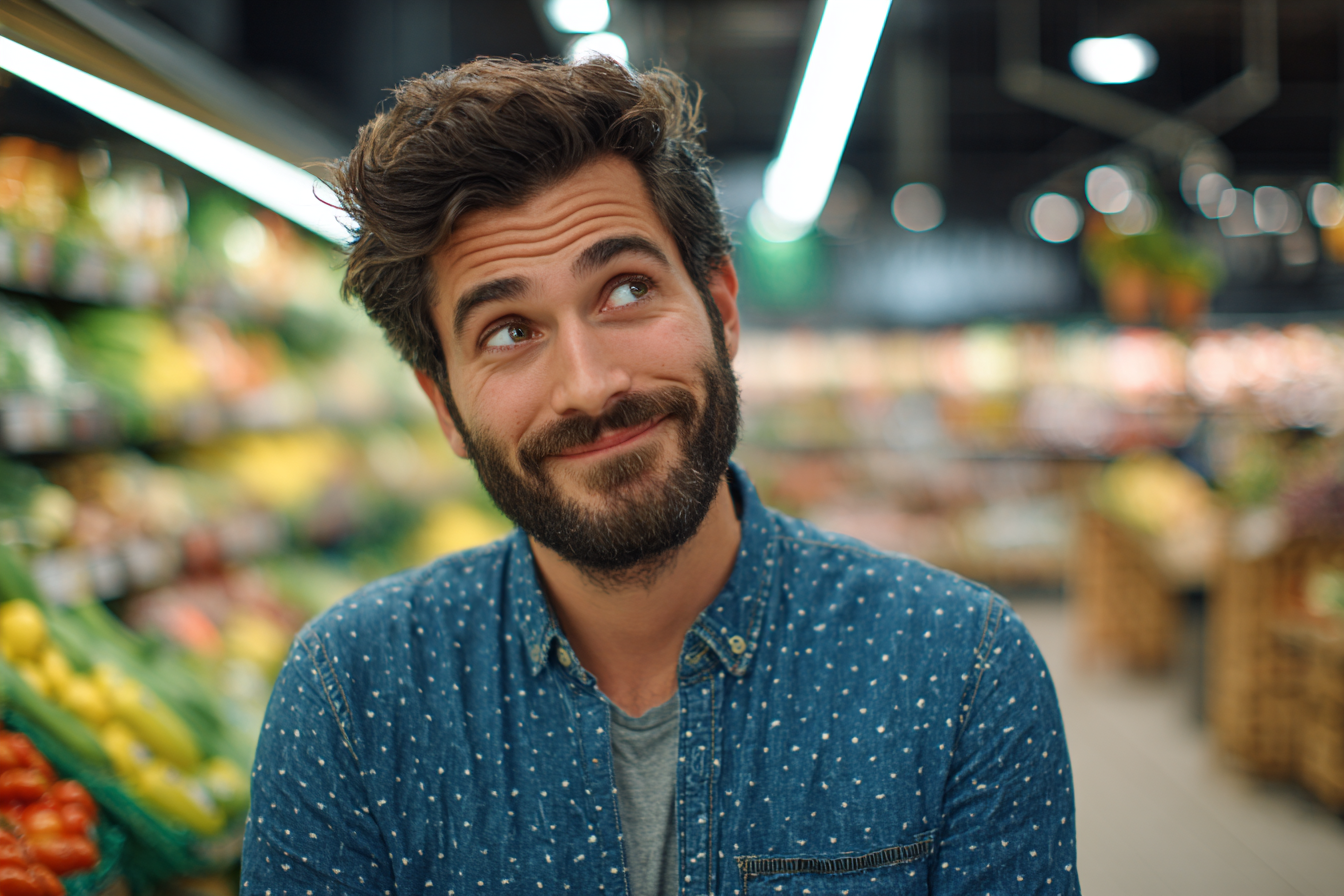 A smiling man in a grocery store | Source: No source
