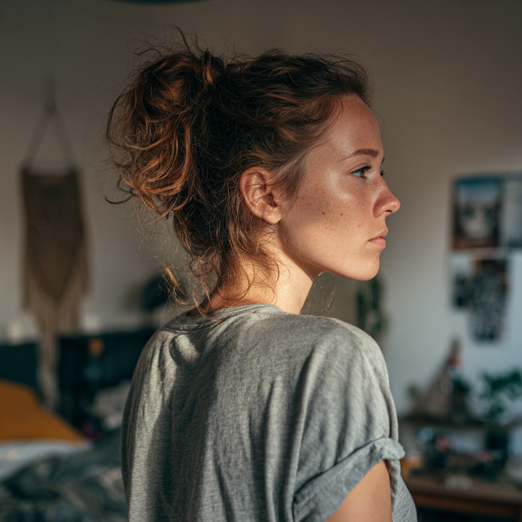 A woman standing in a bedroom | Source: no source