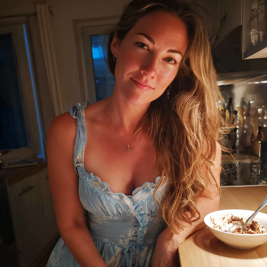 A smiling woman sitting at a kitchen counter | Source: No source