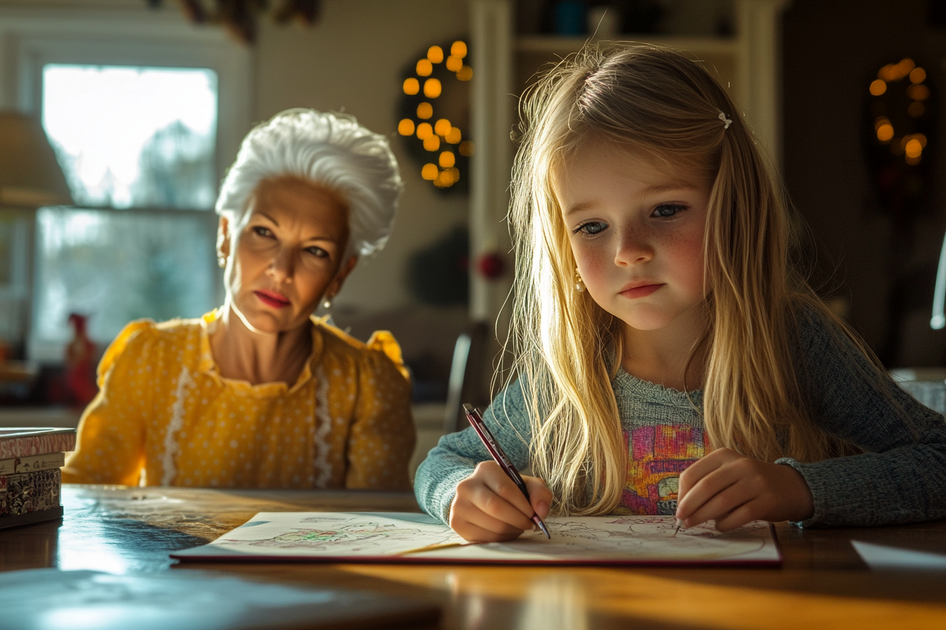 A little blonde girl coloring with an elegant woman in her 60s sitting beside her looking worried | Source: no source