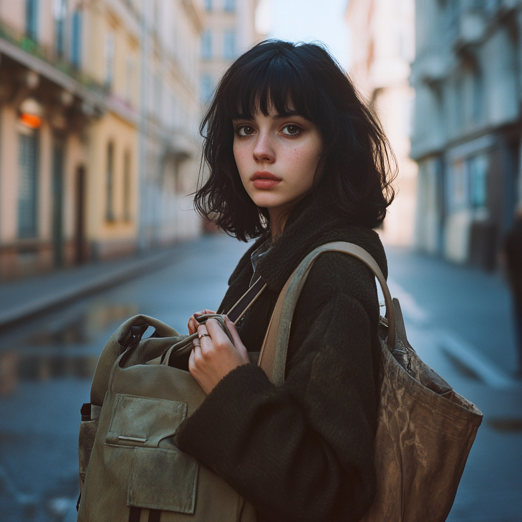 A nervous woman holding an old bag | Source: no source