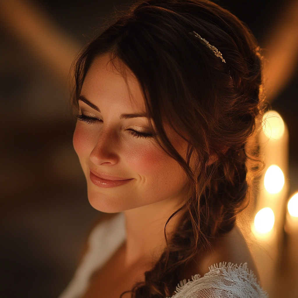 A happy bride with her eyes closed | Source: No source