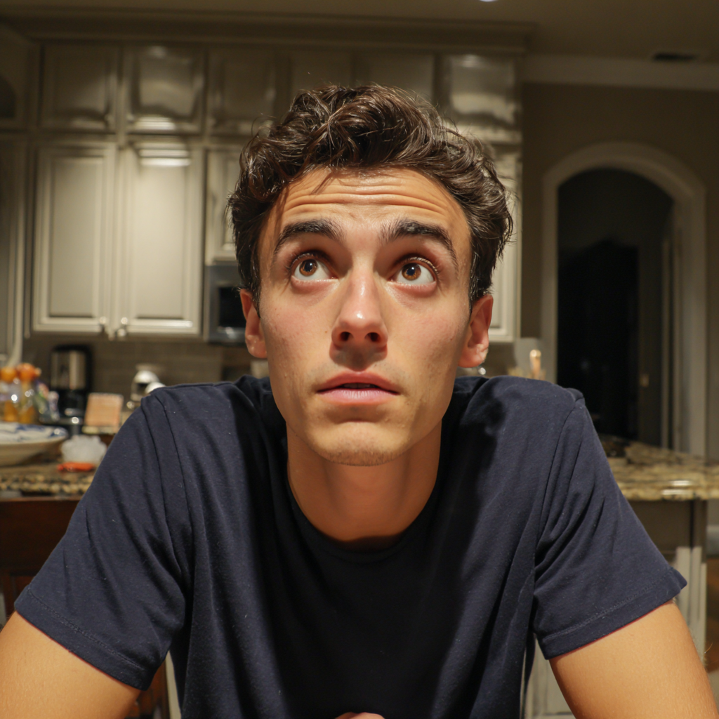 A surprised man sitting at a kitchen table | Source: no source