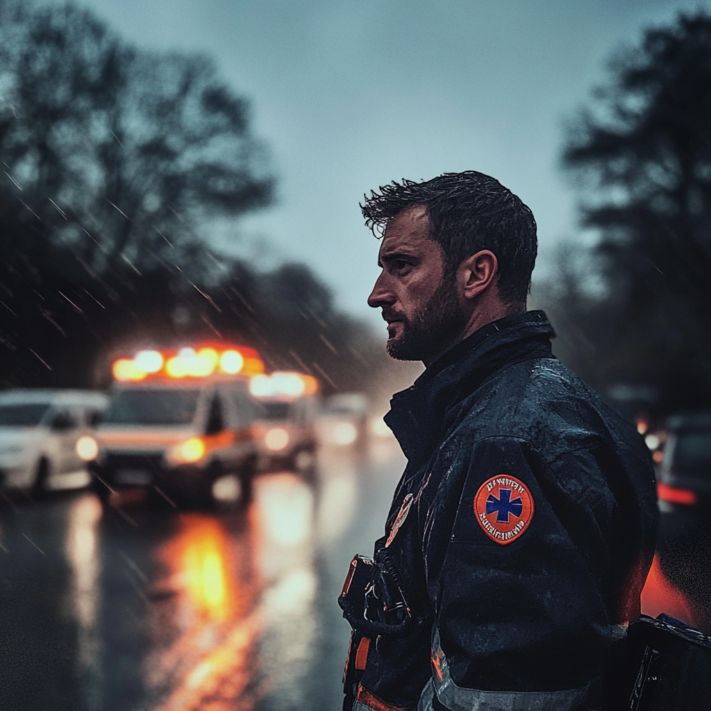 A paramedic standing in the rain | Source: No source